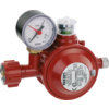 Rotes rundes Metallgehäuse mit rundem Manometer (weißes Zifferblatt, schwarze Zahlen, rote Nadel), silberne Anschlussgewinde, transparente Kunststoffkappe mit grünem Einsatz und weißes Etikett mit gedrucktem Text