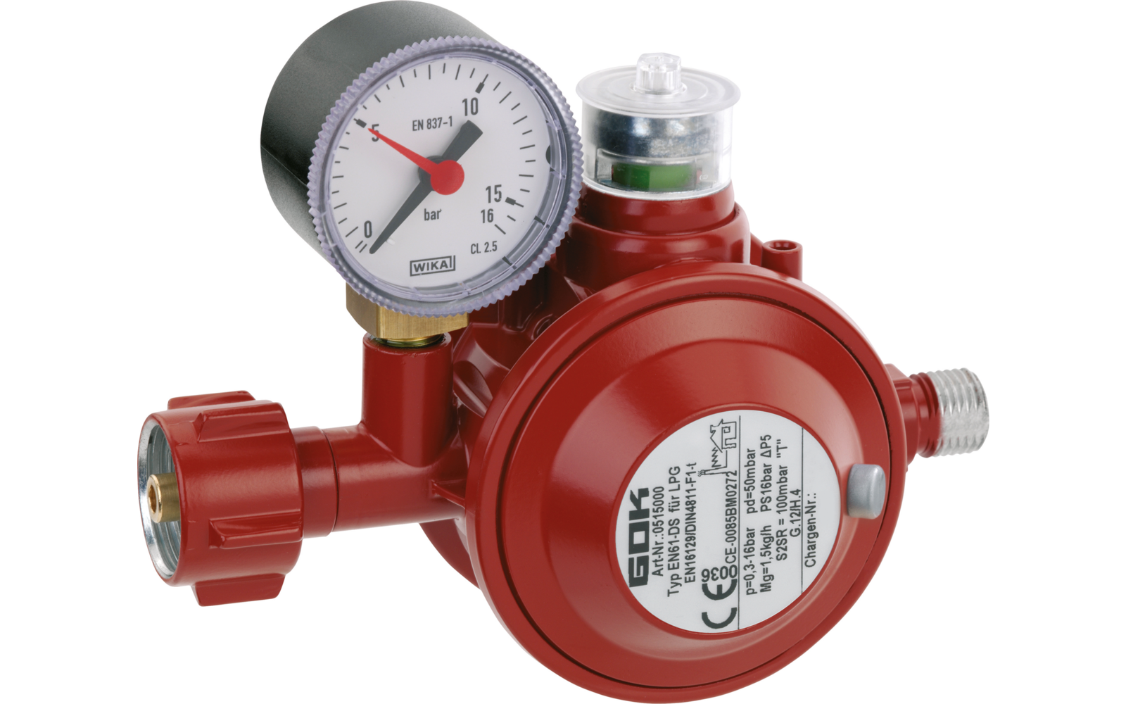 Rotes rundes Metallgehäuse mit rundem Manometer (weißes Zifferblatt, schwarze Zahlen, rote Nadel), silberne Anschlussgewinde, transparente Kunststoffkappe mit grünem Einsatz und weißes Etikett mit gedrucktem Text