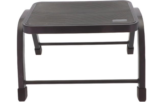 Kleiner dunkelbrauner quadratischer Tritthocker mit strukturierter Oberfläche, vier abgerundeten Beinen und zwei Querstreben