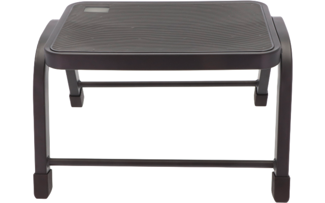 Dunkelbraunes, rechteckiges Kunststoffobjekt mit geriffelter Oberfläche, vier gebogenen Beinen und einer quer verlaufenden Stange darunter