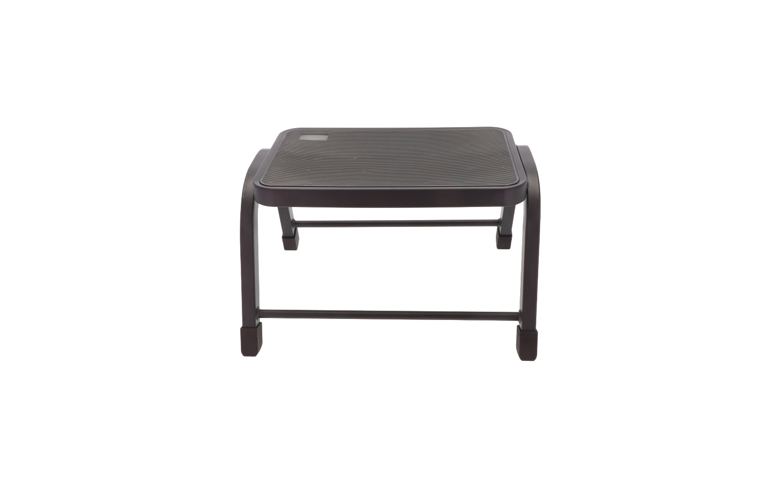 Dunkelbraunes, rechteckiges Kunststoffobjekt mit geriffelter Oberfläche, vier gebogenen Beinen und einer quer verlaufenden Stange darunter