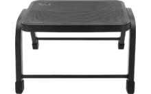 Plataforma rectangular negra con superficie superior ligeramente redondeada, cuatro patas curvadas y dos travesaños horizontales