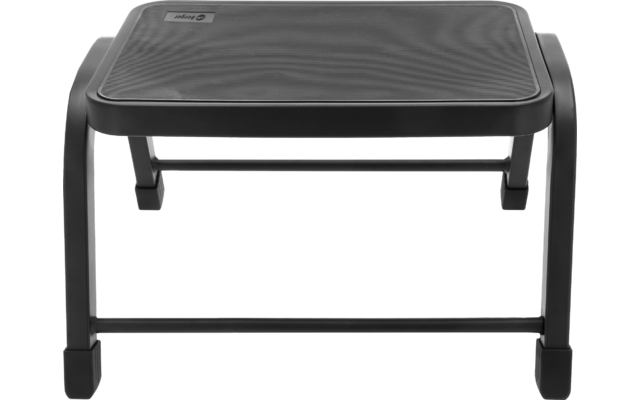 Schwarzes rechteckiges Podest mit leicht abgerundeter Oberfläche, vier geschwungene Beine und zwei horizontale Querstangen