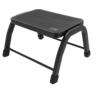Schwarzer Ein-Stufen-Tritt mit rutschfester Oberfläche, vier leicht gebogenen Beinen und zwei horizontalen Metallquerstreben