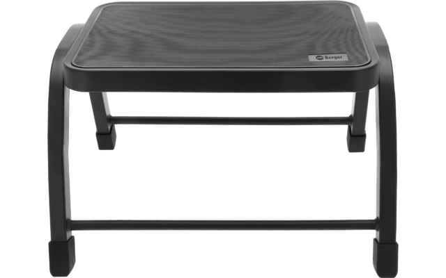 Dunkle rechteckige Plattform mit abgerundeten Ecken, vier gebogenen Beinen, kleines Etikett vorne rechts