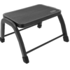 Schwarzer, rechteckiger Tritthocker mit abgerundetem Oberteil, zwei gebogenen Beinen, Metallquerstreben und gummierten Füßen