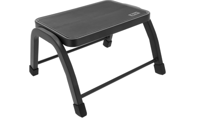 Schwarzer, rechteckiger Tritthocker mit abgerundetem Oberteil, zwei gebogenen Beinen, Metallquerstreben und gummierten Füßen