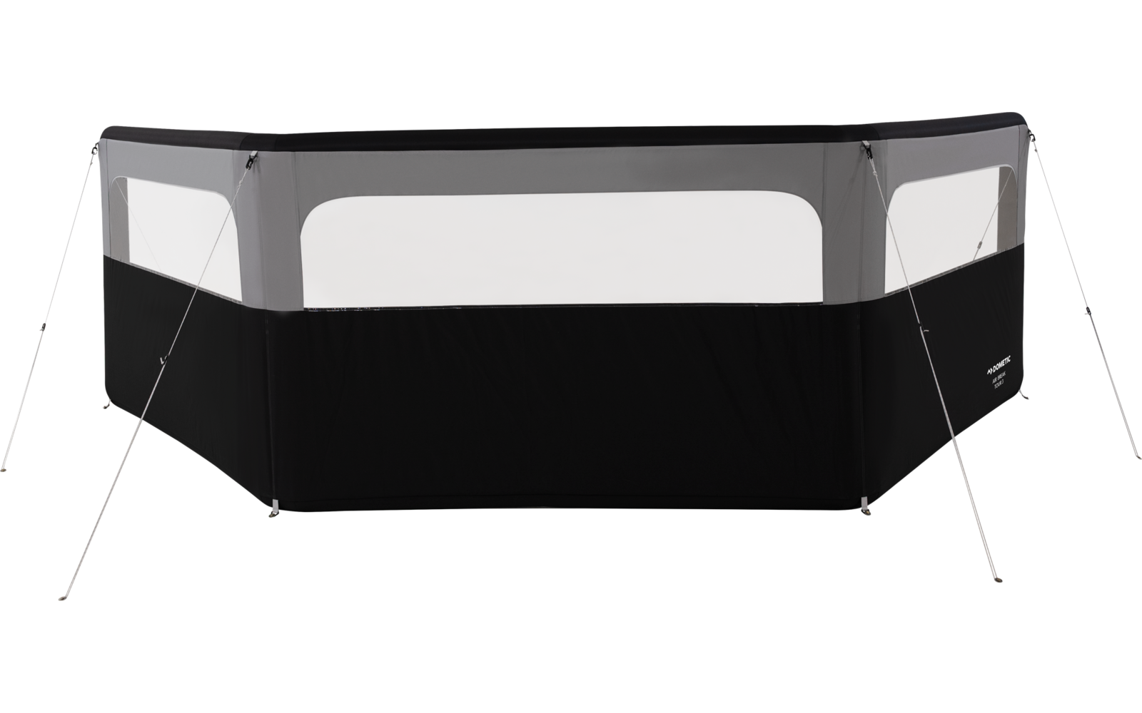Rechteckiger Rahmen mit schwarzer Stoffhülle, transparenten Netzseiten, grauer Oberkante und schrägen Metallbeinen