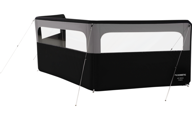 Rechteckige, freistehende Konstruktion aus schwarzem und grauem Stoff mit zwei großen transparenten Fensterflächen, Metallstangen und Spannleinen; Markenlogo 'Dometic' unten rechts