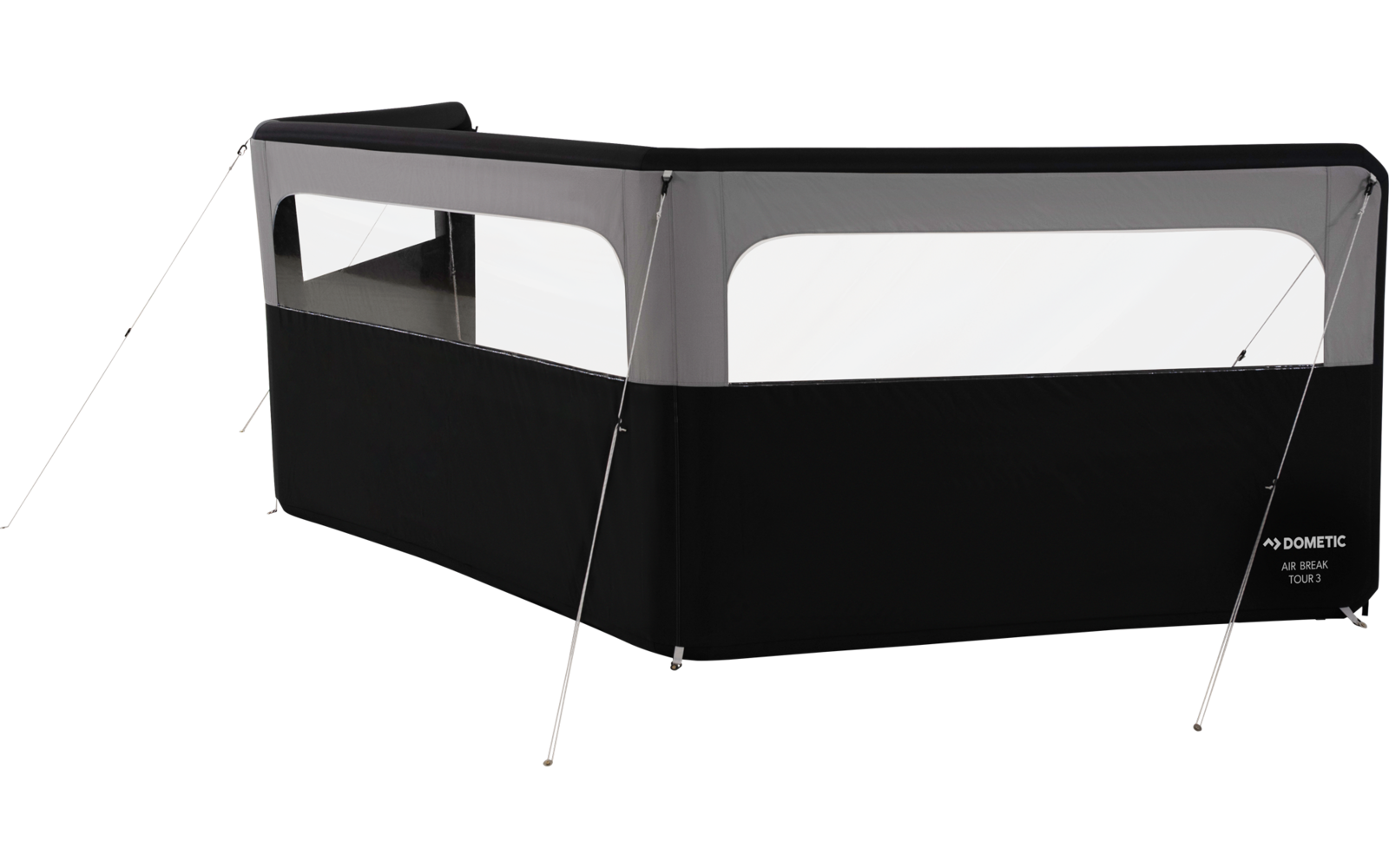Rechteckige, freistehende Konstruktion aus schwarzem und grauem Stoff mit zwei großen transparenten Fensterflächen, Metallstangen und Spannleinen; Markenlogo 'Dometic' unten rechts
