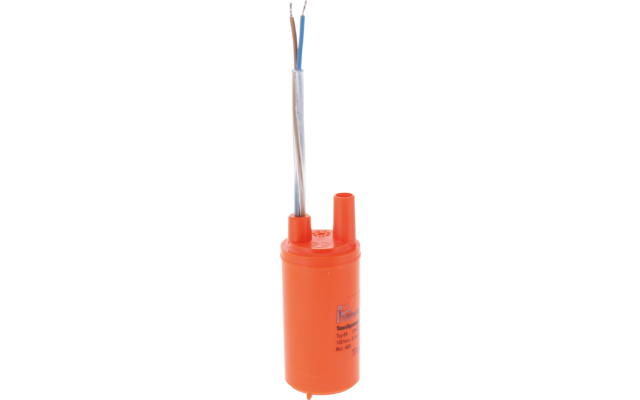 Oranje cilindrische kunststofbehuizing met twee uitlopende kabels (blauw, bruin) in een transparante mantel en een losse oranje dop ernaast; donkere opdruk op de zijkant