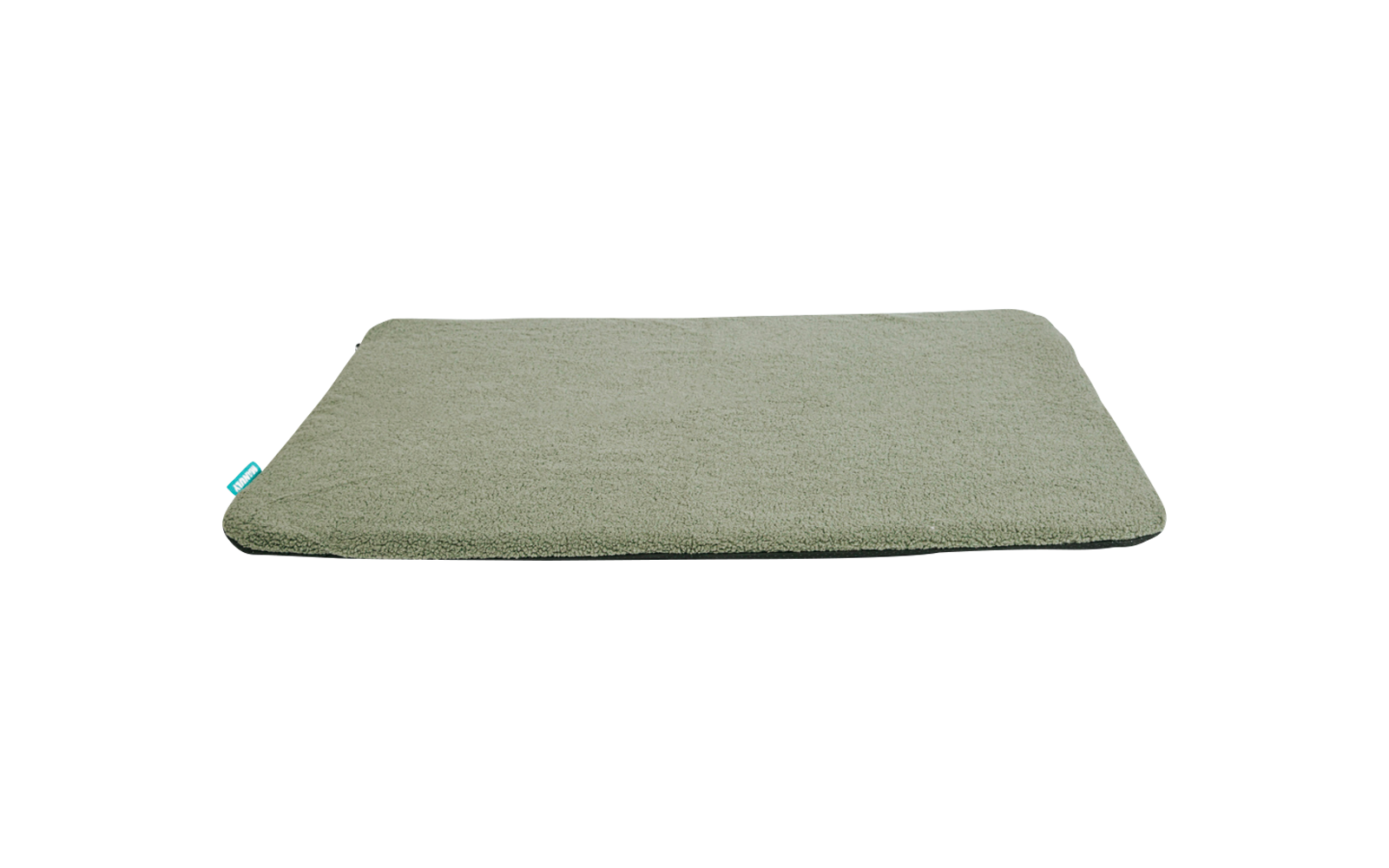 Coussin rectangulaire plat vert olive sur fond blanc, petite étiquette turquoise à un coin