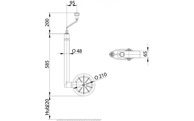 Technische tekening, zijaanzicht links en bovenaanzicht rechts van een wiel met verticale buis en krukas boven; afmetingen zichtbaar: 585, 200, 95, Hub 220, Ø48, Ø210, 65