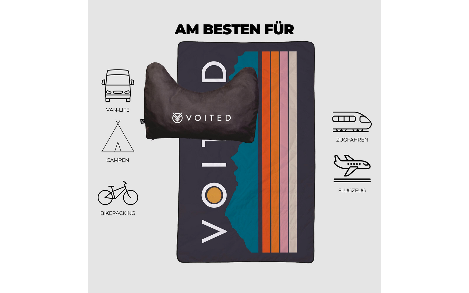 Dunkelblaues rechteckiges Tuch mit farbigen senkrechten Streifen rechts, türkisfarbener Fläche und weißer Schrift VOITED längs; darüber ein schwarzes Nackenkissen mit weißer VOITED-Aufschrift; oben der Text 'AM BESTEN FÜR' und fünf schwarze Piktogram