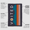 Dunkelblaues rechteckiges Textil mit senkrechtem weißen Schriftzug "VOITED" (orangener Buchstabe O), rechts bunte Streifen und wellenförmige blaue Lagen; schwarze Pfeile und deutsche Textblöcke um das Objekt