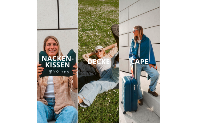 Drei vertikale Bildstreifen: links eine sitzende Person vor heller Wand hält ein dunkles U-förmiges Nackenkissen mit dem Schriftzug "NACKENKISSEN"; Mitte eine liegende Person auf einer Wiese mit Sonnenhut und Sonnenbrille auf einer dunklen Decke, Sch