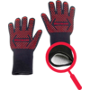 Deux gants tricotés noirs avec des pastilles rouges en caoutchouc et l'inscription WESTMARK ; une loupe rouge agrandit la doublure intérieure blanche et le poignet d'un gant