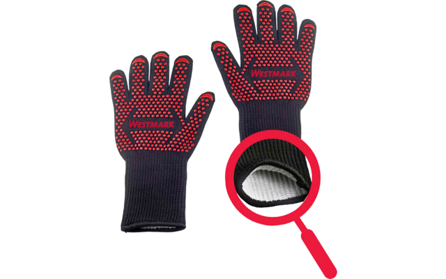 Deux gants tricotés noirs avec des pastilles rouges en caoutchouc et l'inscription WESTMARK ; une loupe rouge agrandit la doublure intérieure blanche et le poignet d'un gant