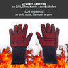Deux gants noirs avec des picots rouges et l'inscription 'WESTMARK' au‑dessus de flammes ; en haut une bande gris foncé avec le texte blanc 'SICHERES ARBEITEN an Grill, Ofen, Kamin oder Backofen' et 'SAFE WORKING on grill, stove, fireplace or oven'