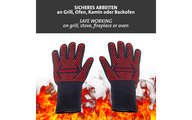 Deux gants noirs avec des picots rouges et l'inscription 'WESTMARK' au‑dessus de flammes ; en haut une bande gris foncé avec le texte blanc 'SICHERES ARBEITEN an Grill, Ofen, Kamin oder Backofen' et 'SAFE WORKING on grill, stove, fireplace or oven'