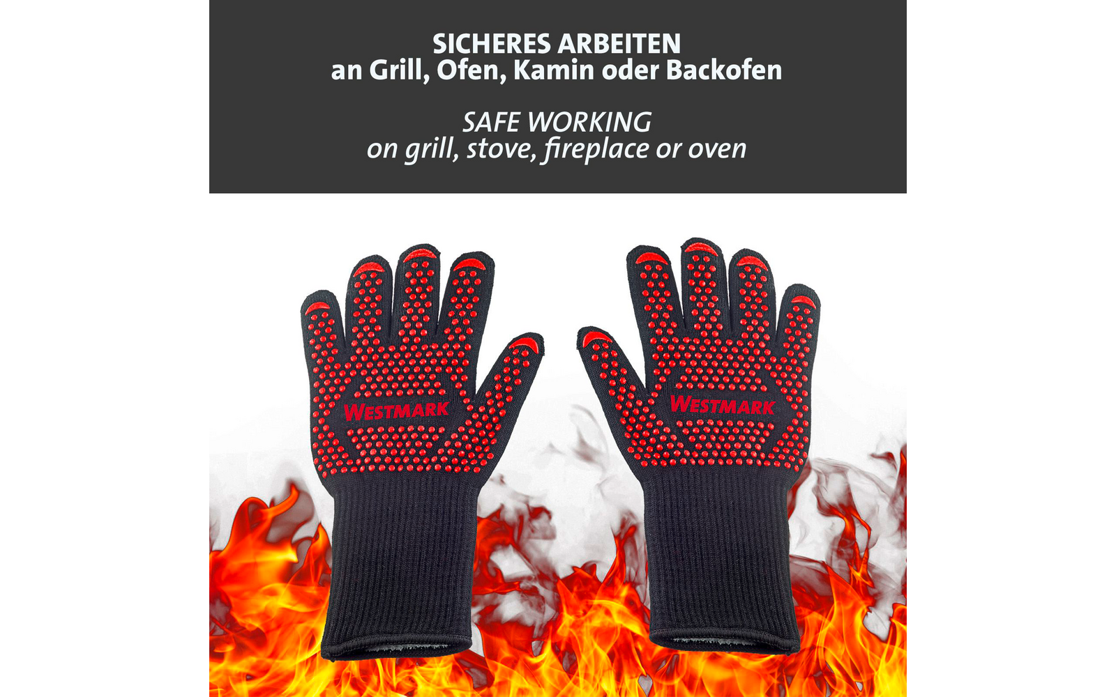 Deux gants noirs avec des picots rouges et l'inscription 'WESTMARK' au‑dessus de flammes ; en haut une bande gris foncé avec le texte blanc 'SICHERES ARBEITEN an Grill, Ofen, Kamin oder Backofen' et 'SAFE WORKING on grill, stove, fireplace or oven'