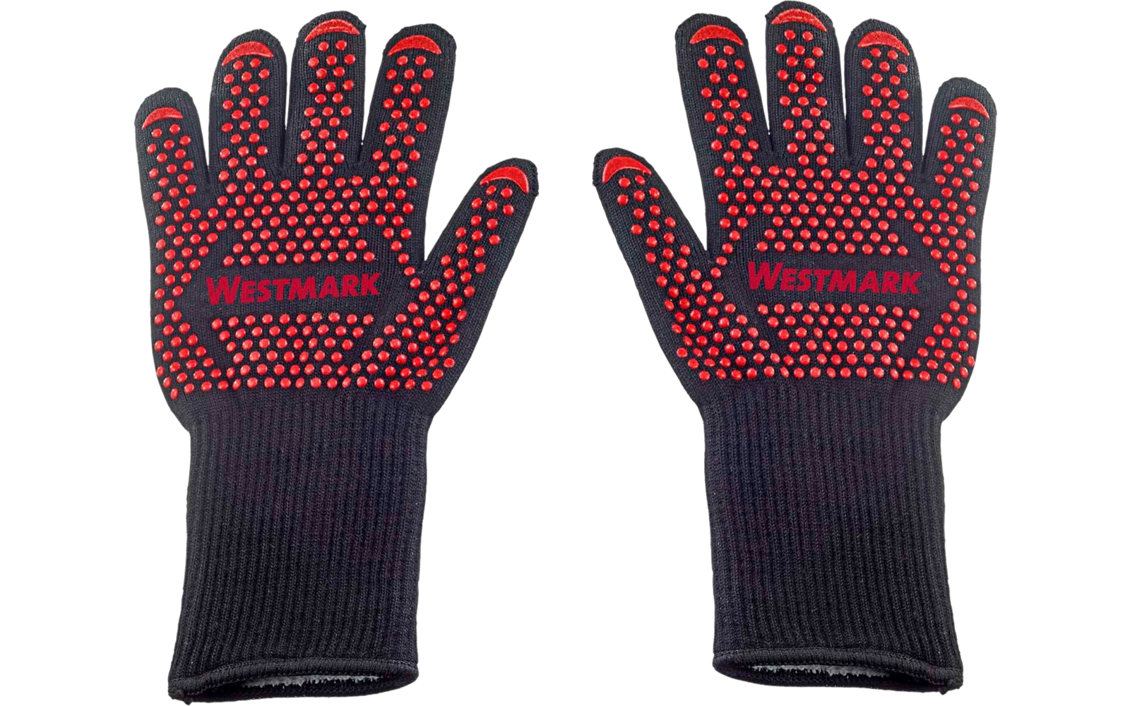 Deux gants en tricot noirs avec des picots rouges en silicone et le logo 'Westmark' sur les paumes visibles