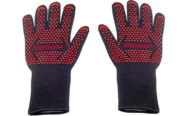 Deux gants en tricot noirs avec des picots rouges en silicone et le logo 'Westmark' sur les paumes visibles