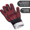 Gant noir avec pastilles en silicone rouges, inscription rouge 'WESTMARK' sur la paume, bord blanc-gris rayé, deux bulles de texte grises à droite avec les textes 'fester Halt dank Silikon-Applikationen', 'firm hold thanks to silicone applications', 'geschmeidiges Innenfutter' et 'supple lining'