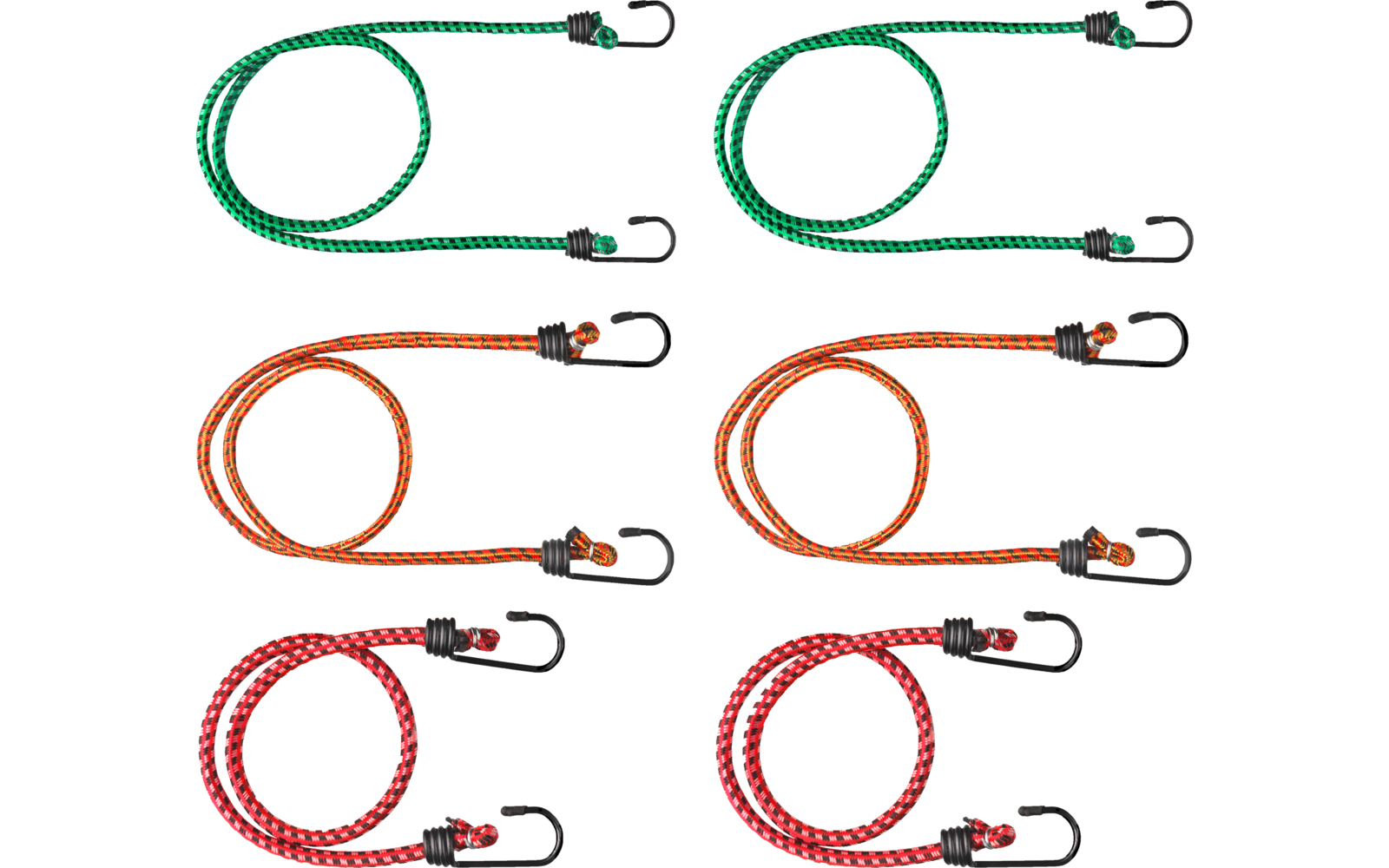 Sechs gespannte elastische Spanngurte mit Haken in zwei grünen, zwei orangefarbenen und zwei roten Farben auf weißem Hintergrund