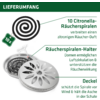 Foto von einem Lieferumfang mit 10 Citronella-Räucherspiralen, einem Räucherspiralen-Halter und einem Deckel mit Beschriftungen