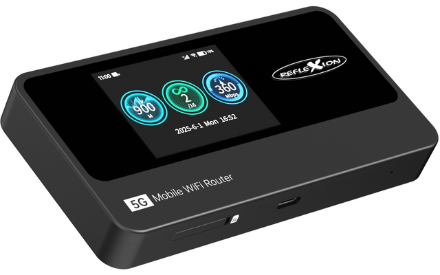 Schwarzer, rechteckiger mobiler WLAN-Router mit kleinem Display, drei runde Icons auf dem Display und Beschriftung "5G Mobile WiFi Router"
