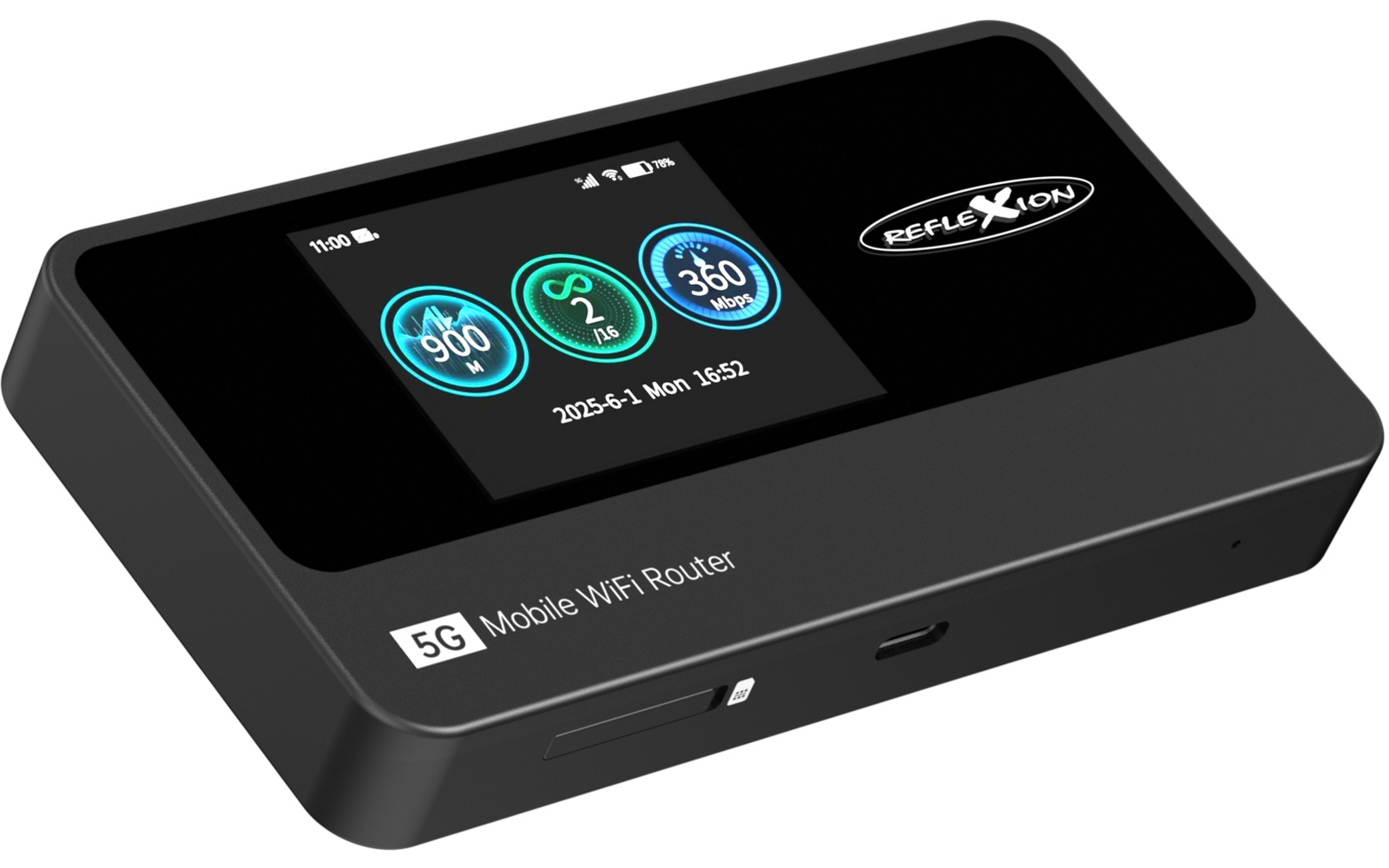 Schwarzer, rechteckiger mobiler WLAN-Router mit kleinem Display, drei runde Icons auf dem Display und Beschriftung "5G Mobile WiFi Router"