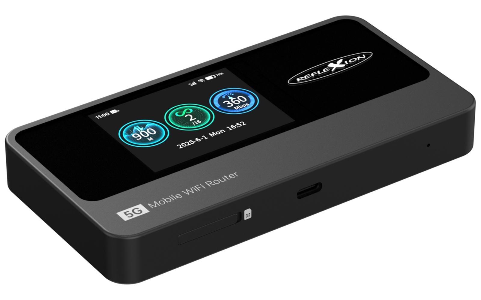 Schwarzes, rechteckiges Gerät mit abgerundeten Ecken und glänzender Oberseite. Kleines Touchdisplay mit drei kreisförmigen Symbolen und einer Zeile mit Datum und Uhrzeit. Weiße Beschriftung "5G Mobile WiFi Router" an der Vorderkante. USB‑C‑Anschluss,