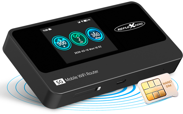 Schwarzes rechteckiges Gerät mit Bildschirm, auf dem drei blaue Kreissymbole und ein Datum angezeigt werden; Vorderseite mit Aufschrift "5G Mobile WiFi Router"; neben dem Gerät eine Nano-SIM-Karte