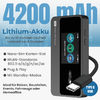 Schwarzes rechteckiges Gerät mit Display und angeschlossenem Typ C USB‑Kabel, großer Hintergrundschriftzug "4200 mAh", linke Aufzählung mit Texten wie "Lithium-Akku" und WLAN‑Standards