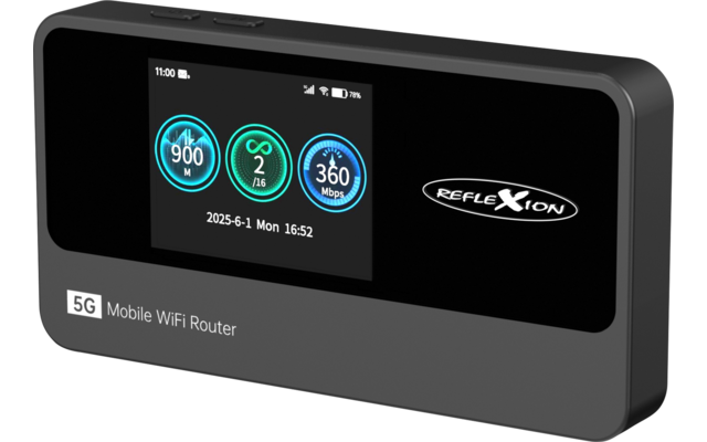 Schwarz-grauer 5G Mobile WiFi Router mit kleinem Bildschirm, drei blauen Statuskreisen, Datum und Uhrzeit sowie dem Schriftzug REFLEXION
