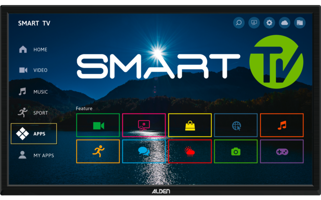 Fernsehbildschirm mit großem Schriftzug "SMART TV", grünem rundem "TV"-Logo oben rechts; links Menüleiste mit Symbolen und Einträgen "HOME", "VIDEO", "MUSIC", "SPORT", "APPS" (markiert) und "MY APPS"; Reihe farbiger App-Kacheln in der Mitte; Hintergr