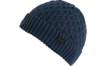 Dunkelblaue gestrickte Mütze mit Muster und Umschlag