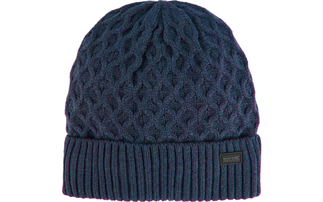 Dunkelblaue gestrickte Wintermütze mit Muster und Umschlag