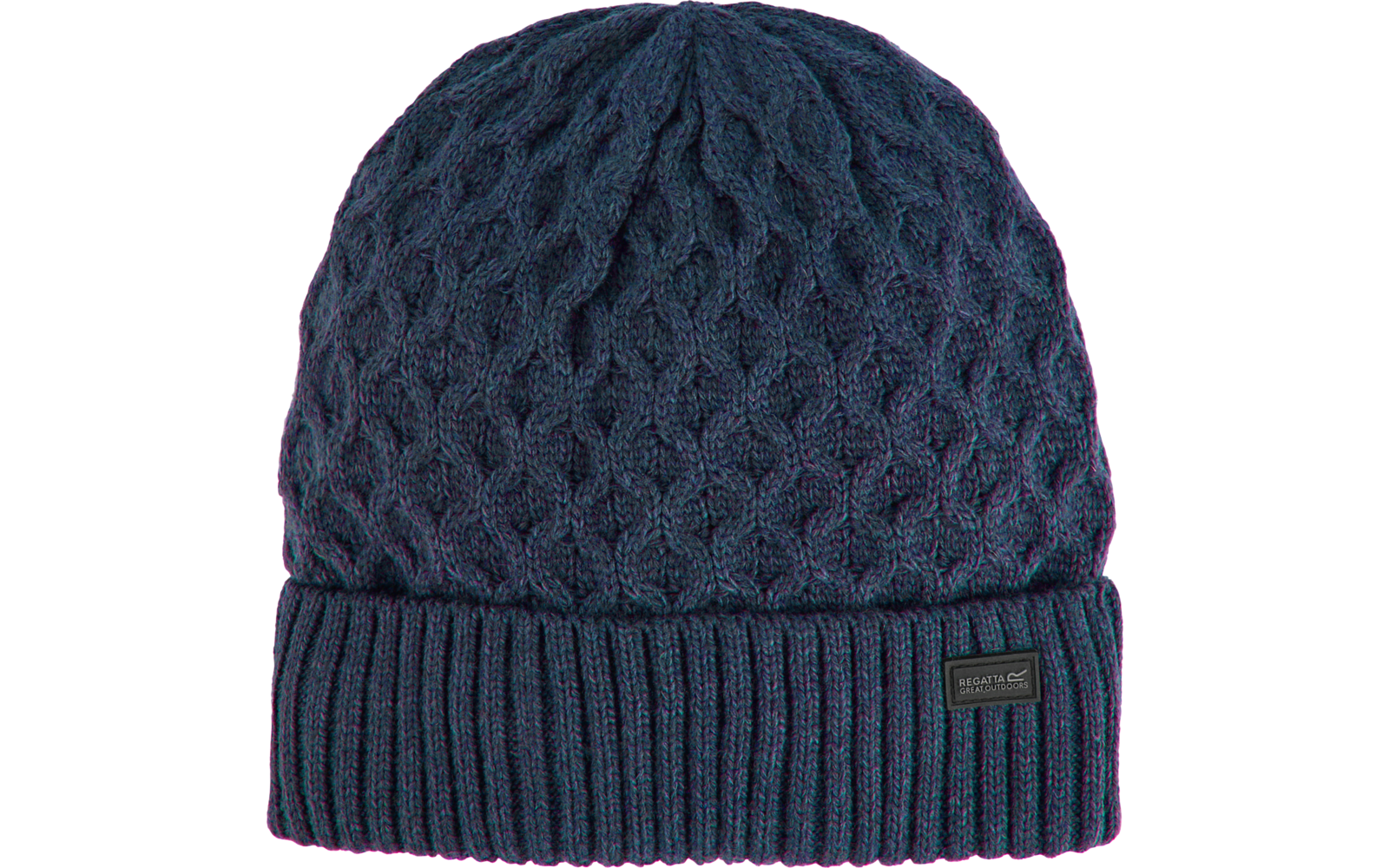 Dunkelblaue gestrickte Wintermütze mit Muster und Umschlag
