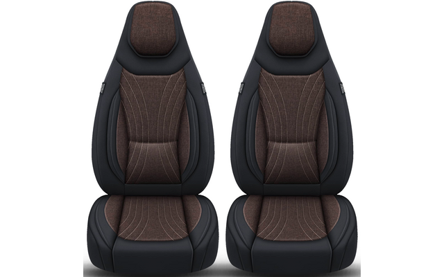 Zwei nebeneinander stehende Autositze mit braunem Stoffmittelteil und schwarzen Seitenwangen