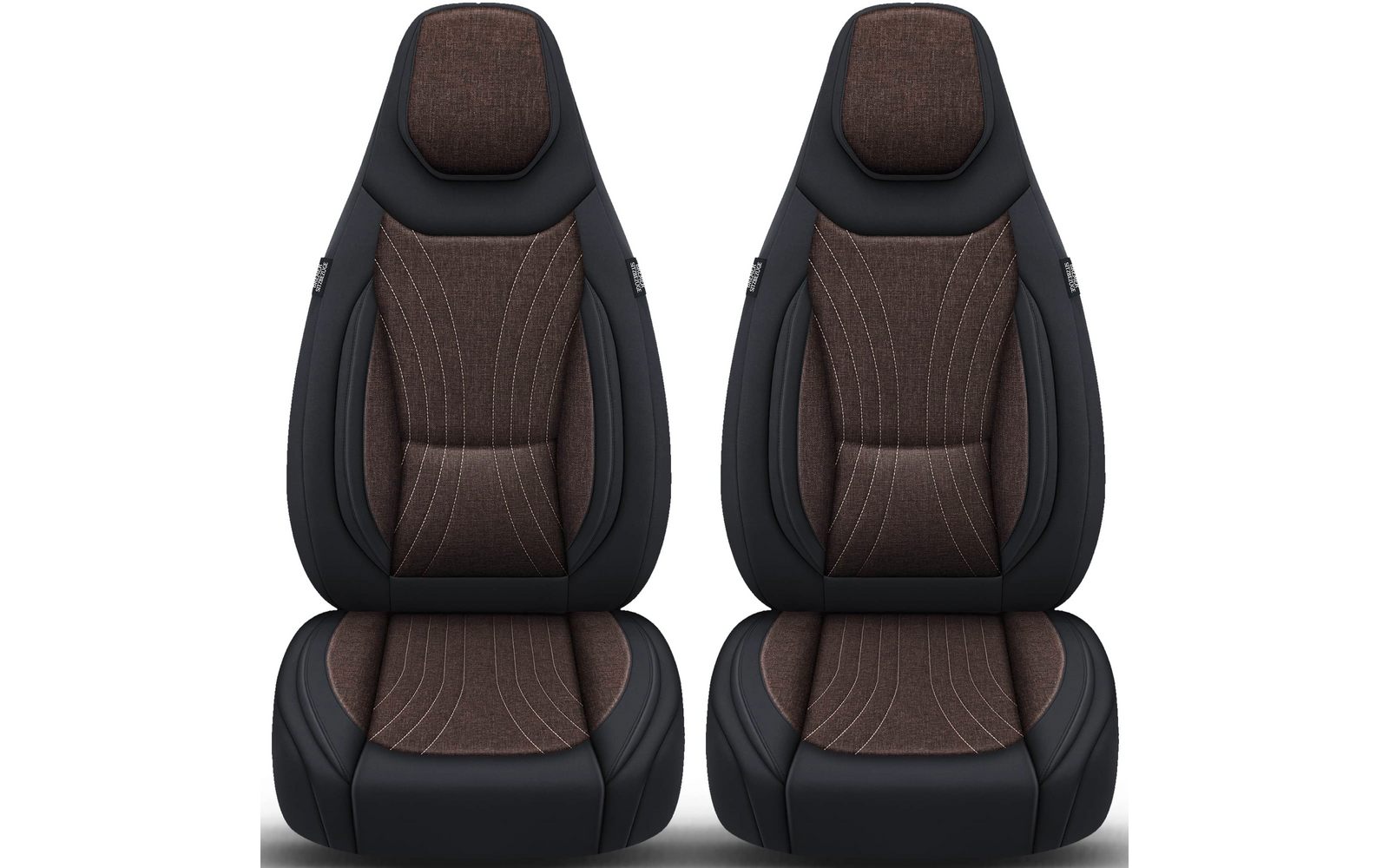 Zwei nebeneinander stehende Autositze mit braunem Stoffmittelteil und schwarzen Seitenwangen