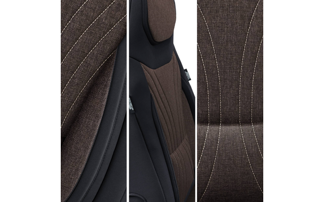 Drei vertikale Nahaufnahmen eines gepolsterten Sitzes mit braunem Stoff, sichtbarer Textur, hellen Steppnähten und schwarzen Seitenpolstern