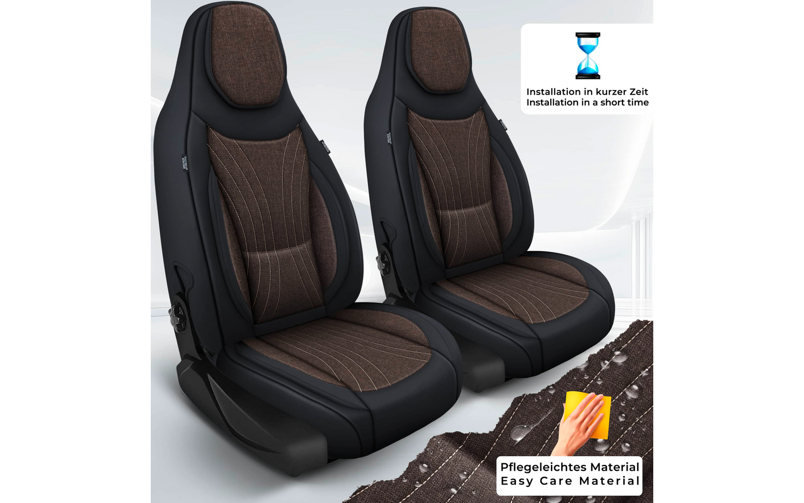 Zwei nebeneinander stehende Autositze mit braunen Stoffpolstern und schwarzer Umrandung; oben rechts zwei Symbole: Sanduhr mit Text 'Installation in kurzer Zeit / Installation in a short time' und Hand mit Tuch über Stoffstreifen mit Text 'Pflegeleic