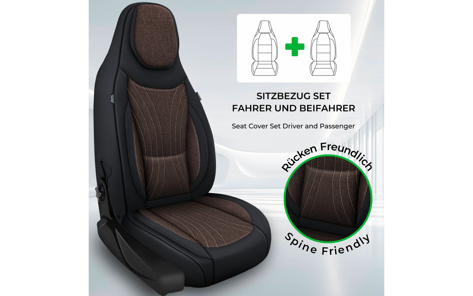 Brauner Sitzbezug mit feinen hellen vertikalen Streifen auf einem Autositz, schwarzer Außenrand und Kopfstützenbezug; oben rechts Piktogramm mit zwei Sitzumrissen und Pluszeichen; Schriftzug "SITZBEZUG SET FAHRER UND BEIFAHRER" und darunter englische