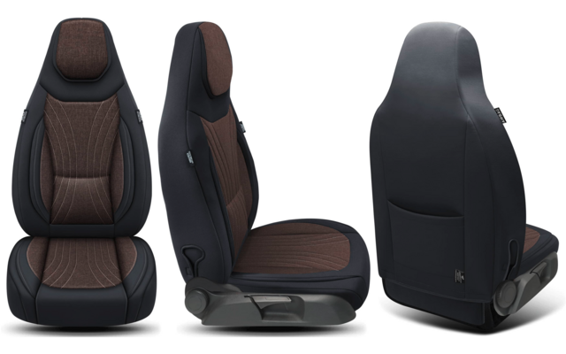 Drei Ansichten eines Autositzes nebeneinander: Vorder-, Seiten- und Rückansicht; schwarzer Außenbezug, brauner Mittelbereich, integrierte Kopfstütze, Sitzschiene und Rückentasche