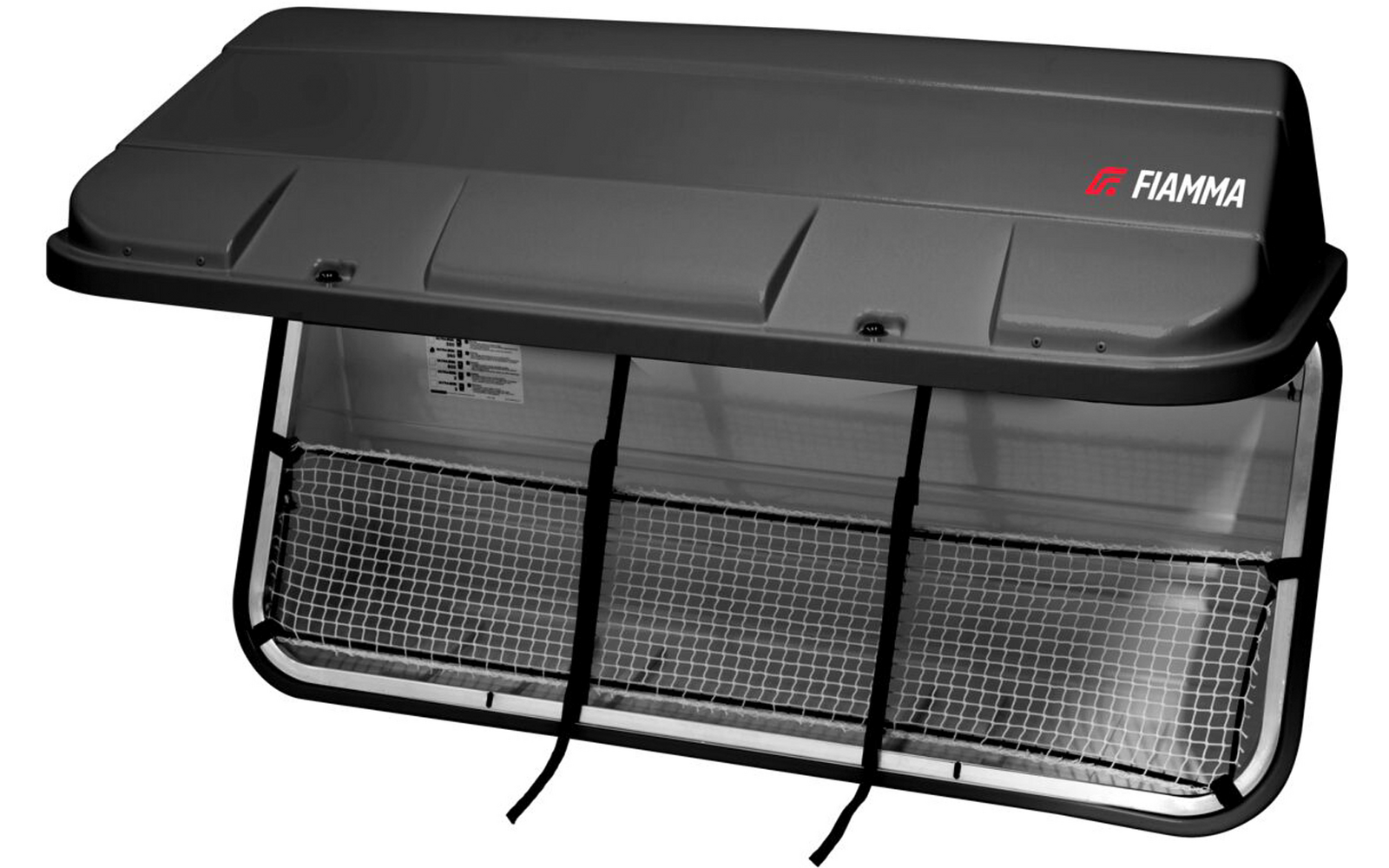 Dunkelgrauer, rechteckiger Kasten mit aufklappbarem Deckel, Fiamma-Logo oben rechts, vorderer Gittereinsatz und zwei herabhängende Stoffriemen