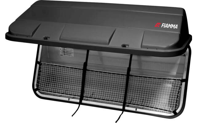 Dark gray rectangular box with hinged lid, Fiamma logo at top right, front wire mesh panel and two hanging fabric straps