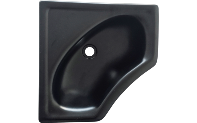 Schwarzes Eckwaschbecken mit rundem Abflussloch