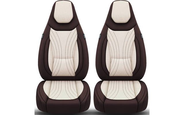 Zwei braun-beige Sitzbezüge mit hellbeigen gepolsterten Mittelteilen und gesteppter Naht, nebeneinander auf weißem Hintergrund